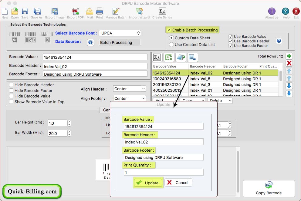 Update any particular Barcode Values